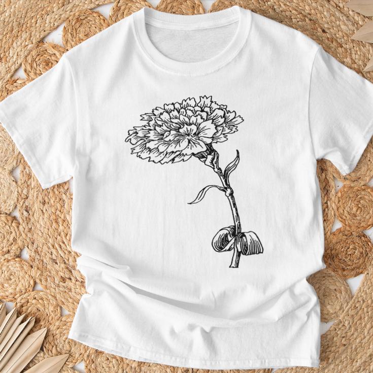 ヴィンテージ カーネーション ボタニカル ライン アート イラスト 黒インク Tシャツ 高齢者への贈り物