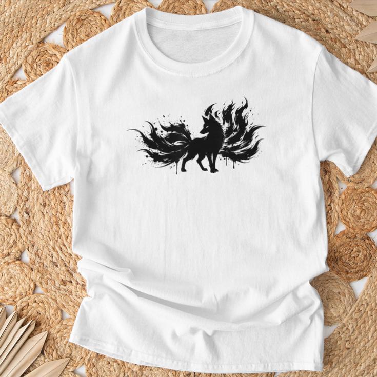 九尾の狐 キツネ 妖怪 和風 水墨画 シルエット Tシャツ 高齢者への贈り物