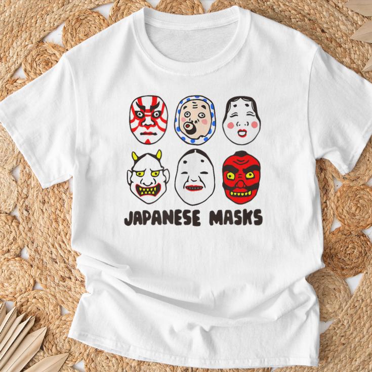 日本のお面 デフォルメ イラスト 和風ポップデザイン Japanese Masks アート Tシャツ 高齢者への贈り物