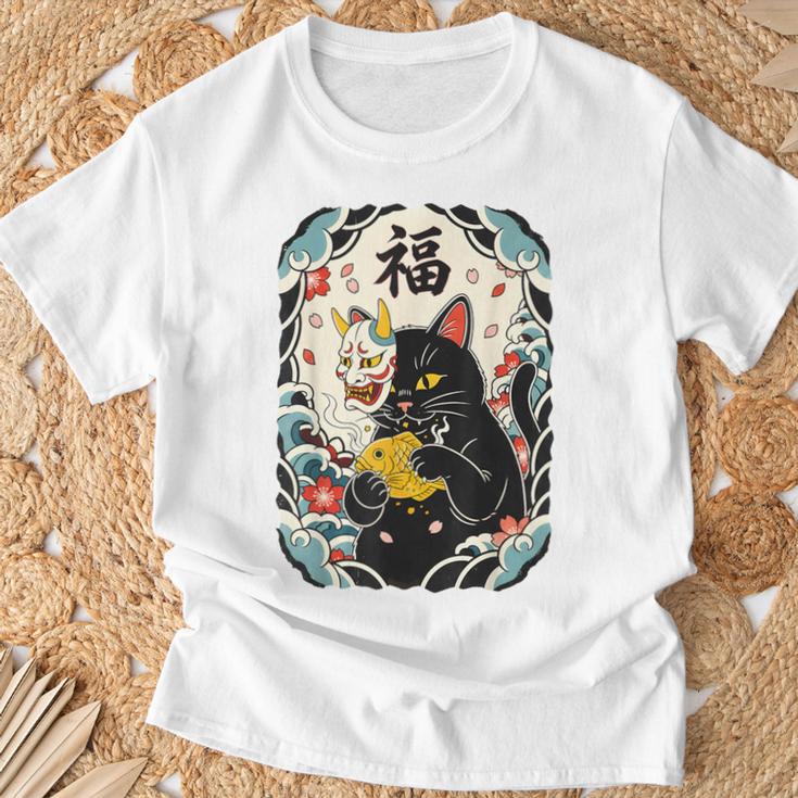 日本の浮世絵 黒子猫 鬼 マスク 魚 ハッピーチャンス アート Tシャツ 高齢者への贈り物
