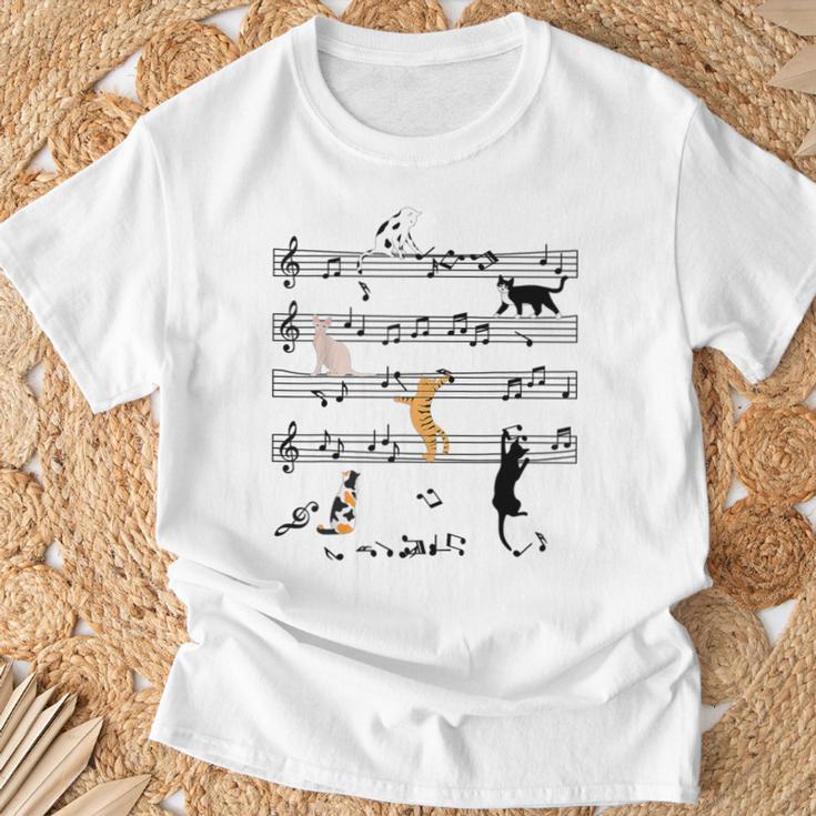 楽しい 猫 登る トランプ 楽譜 猫の音符 Tシャツ 高齢者への贈り物