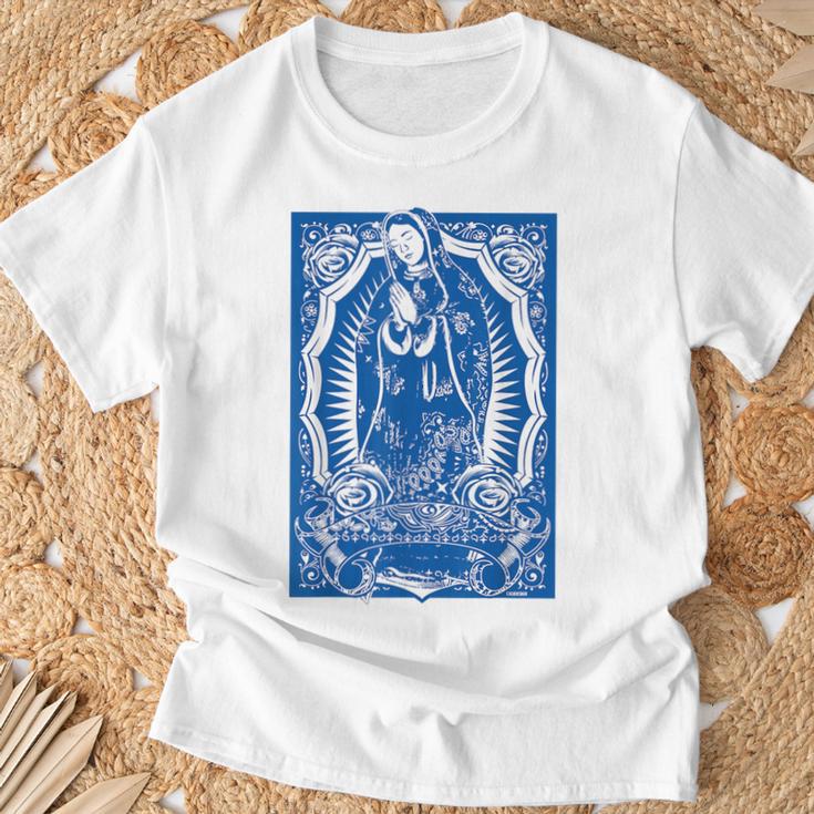 聖母マリア メキシカンブランケット アート ブルー バンダナ プリント ロイヤル Tシャツ 高齢者への贈り物