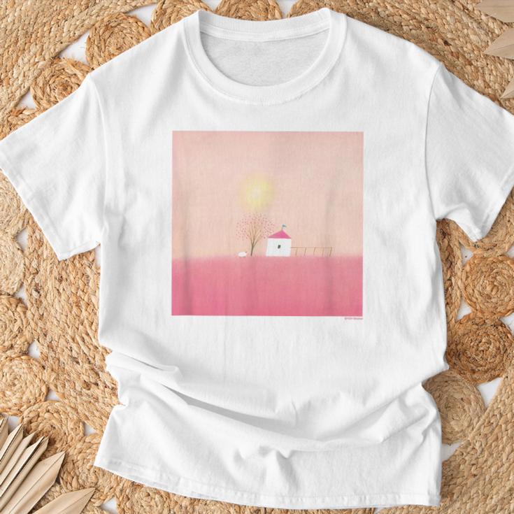 詩とメルヘン 葉祥明 ピンク屋根のぼくの家 Tシャツ 高齢者への贈り物