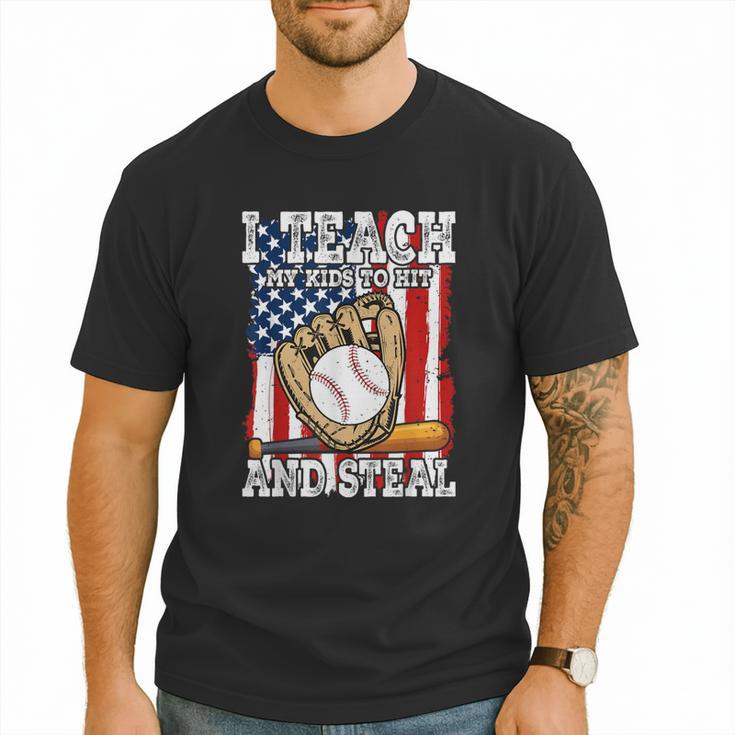 I Teach My Kids To Hit And Steal Baseball Dad American Flag Men T-Shirt