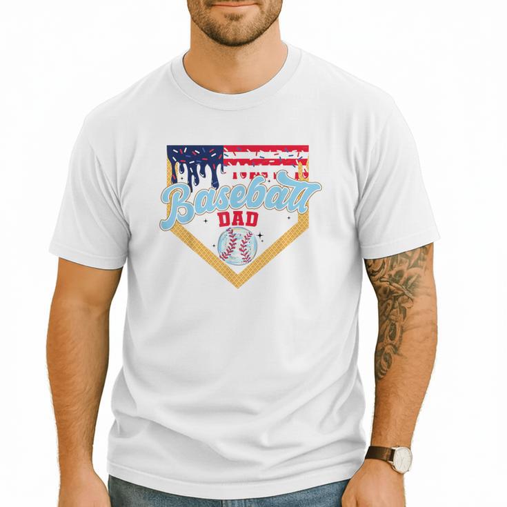 Baseball Dad Ice Cream Drip Father American Flag 4th Of July Men T-Shirt