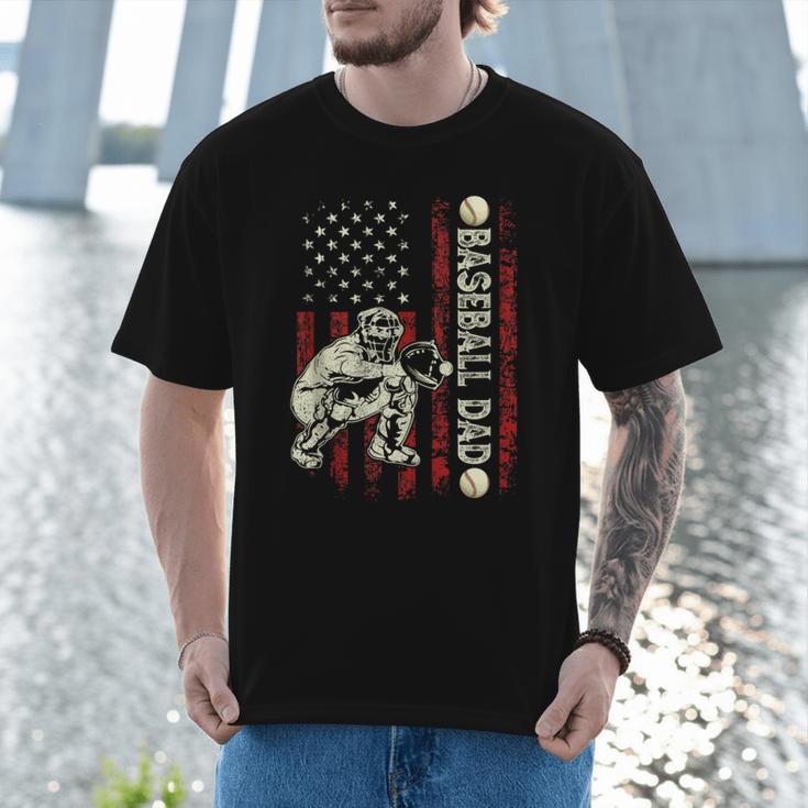 Fathers Day Baseball Dad Flag Dad Men Baseball Catcher Men T-Shirt