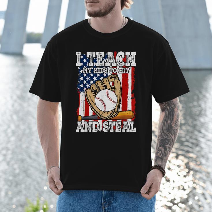 I Teach My Kids To Hit And Steal Baseball Dad American Flag Men T-Shirt I Teach My Kids To Hit And Steal Baseball Dad American Flag Men T-Shirt