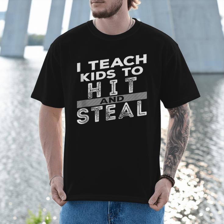 I Teach My Kids To Hit Steal Fun Softball Baseball Dad Coach Men T-Shirt I Teach My Kids To Hit Steal Fun Softball Baseball Dad Coach Men T-Shirt
