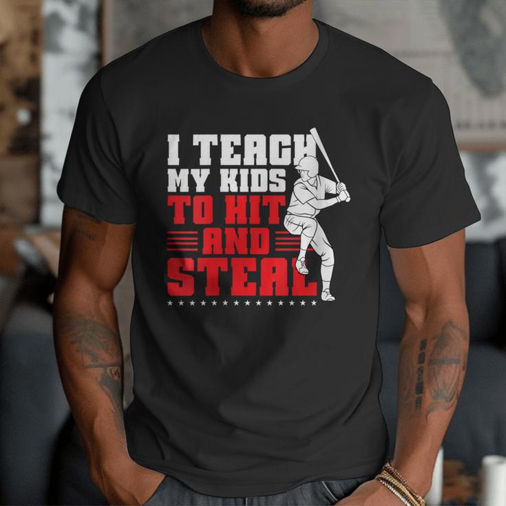 Baseball Dad Teach Kids Hit And Steal Softball Game Men T-Shirt Baseball Dad Teach Kids Hit And Steal Softball Game Men T-Shirt