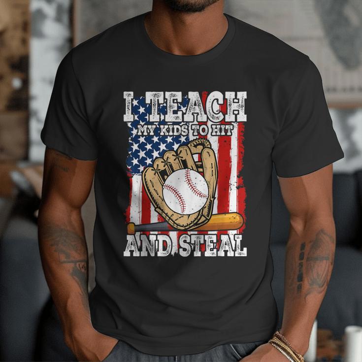 I Teach My Kids To Hit And Steal Baseball Dad American Flag Men T-Shirt I Teach My Kids To Hit And Steal Baseball Dad American Flag Men T-Shirt