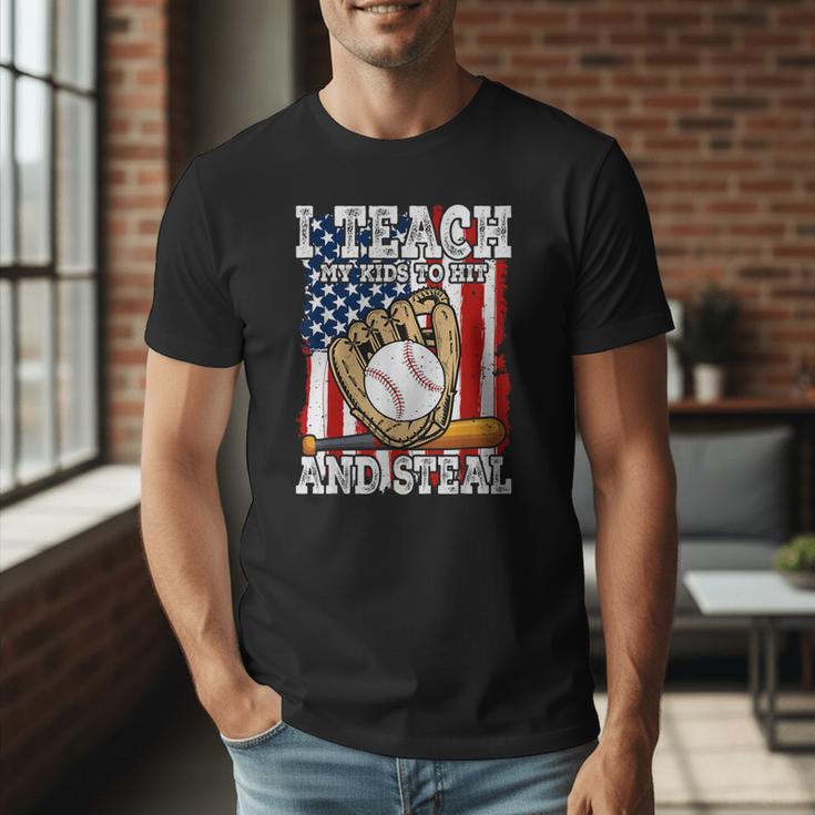 I Teach My Kids To Hit And Steal Baseball Dad American Flag Men T-Shirt I Teach My Kids To Hit And Steal Baseball Dad American Flag Men T-Shirt