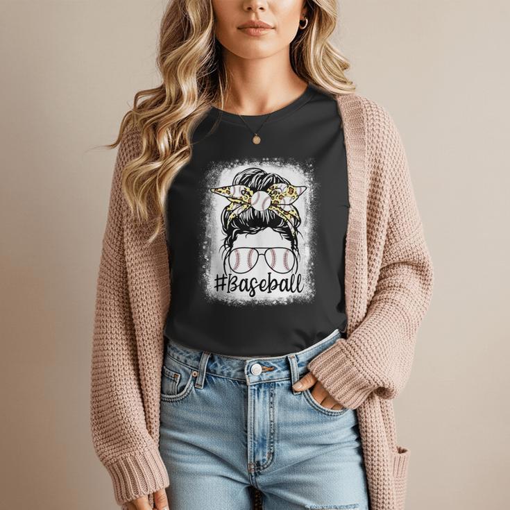Leopard Messy Bun Mom Mother's Day Baseball Mommy Women T-Shirt