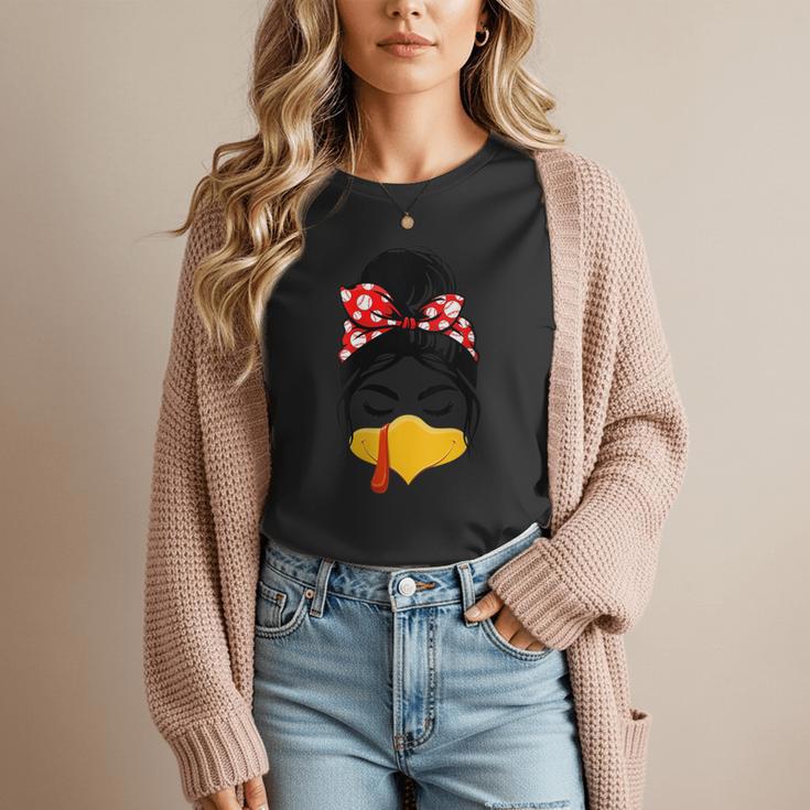 Messy Bun Baseball Mom Turkey Face Matching Thanksgiving Women T-Shirt Messy Bun Baseball Mom Turkey Face Matching Thanksgiving Women T-Shirt