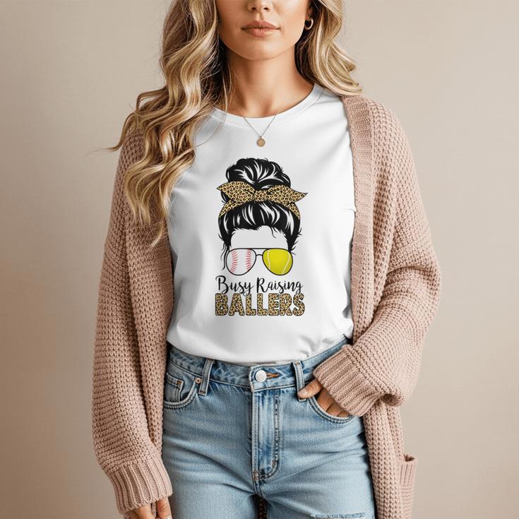 Busy Raising Ballers Tennis Baseball Mom Messy Bun Leopard Women T-Shirt Busy Raising Ballers Tennis Baseball Mom Messy Bun Leopard Women T-Shirt
