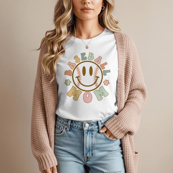 Happy Baseball Mom Groovy Retro Floral Smiling Face Women T-Shirt Happy Baseball Mom Groovy Retro Floral Smiling Face Women T-Shirt