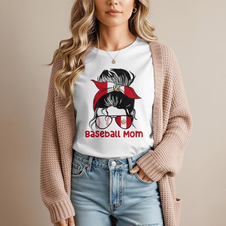 Peru Baseball Mom Messy Bun Women T-Shirt Peru Baseball Mom Messy Bun Women T-Shirt