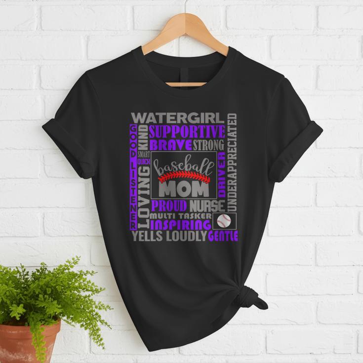 Baseball Mom Traits For Great Mothers Grey And Purple Women T-Shirt