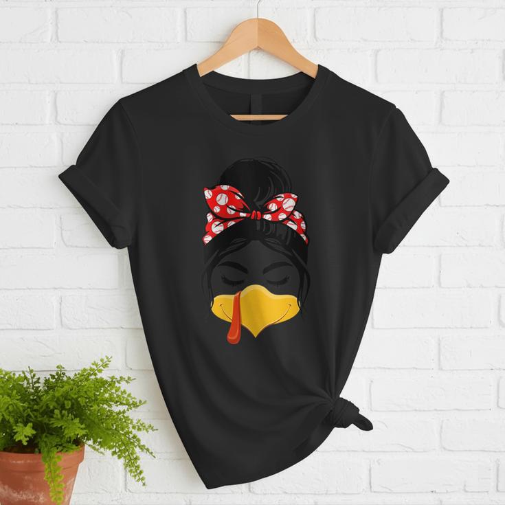 Messy Bun Baseball Mom Turkey Face Matching Thanksgiving Women T-Shirt Messy Bun Baseball Mom Turkey Face Matching Thanksgiving Women T-Shirt