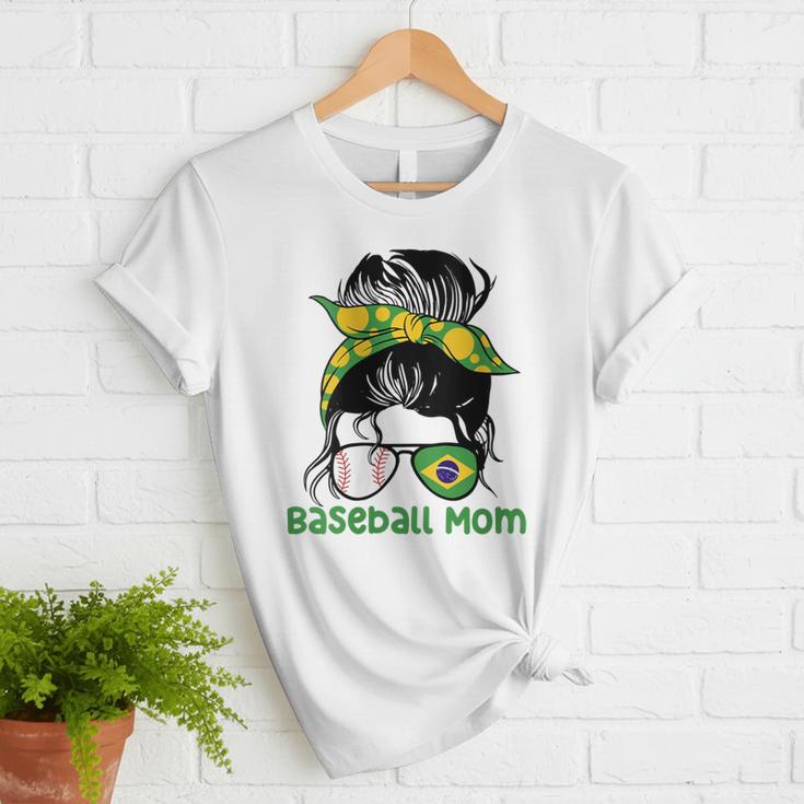Brazil Baseball Mom Messy Bun Women T-Shirt