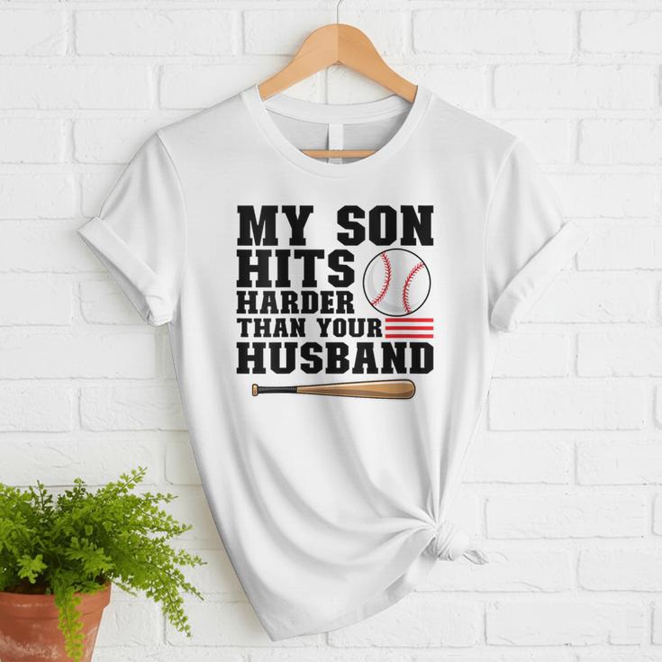 My Son Hits Harder Than Your Husband Baseball Mom Women T-Shirt My Son Hits Harder Than Your Husband Baseball Mom Women T-Shirt