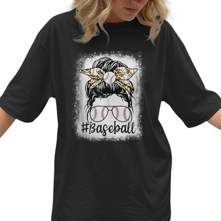 Leopard Messy Bun Mom Mother's Day Baseball Mommy Women T-Shirt
