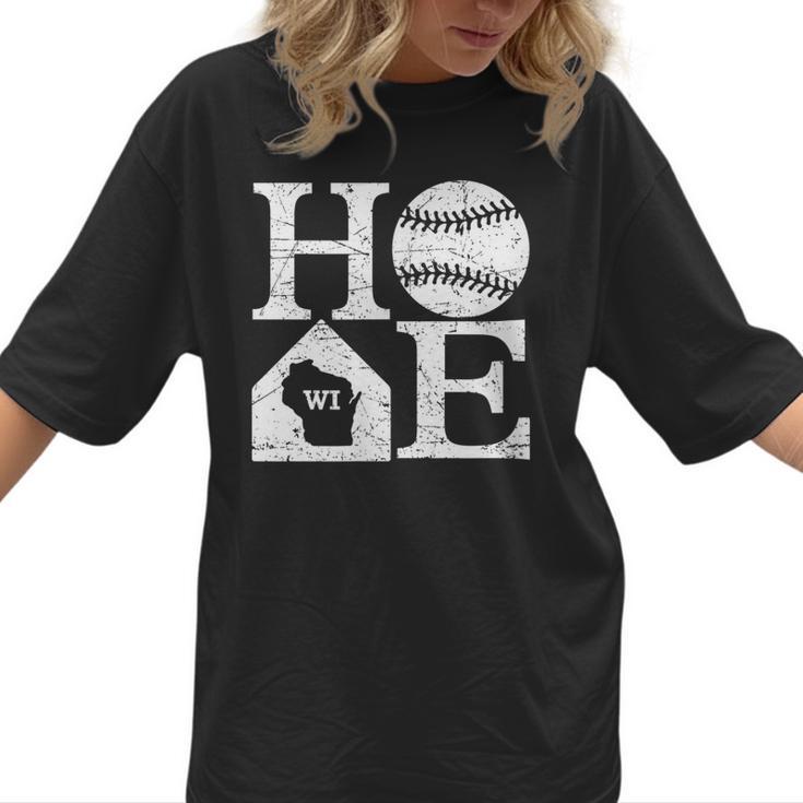 Vintage Baseball Home Wisconsin State Outline Baseball Mom Women T-Shirt