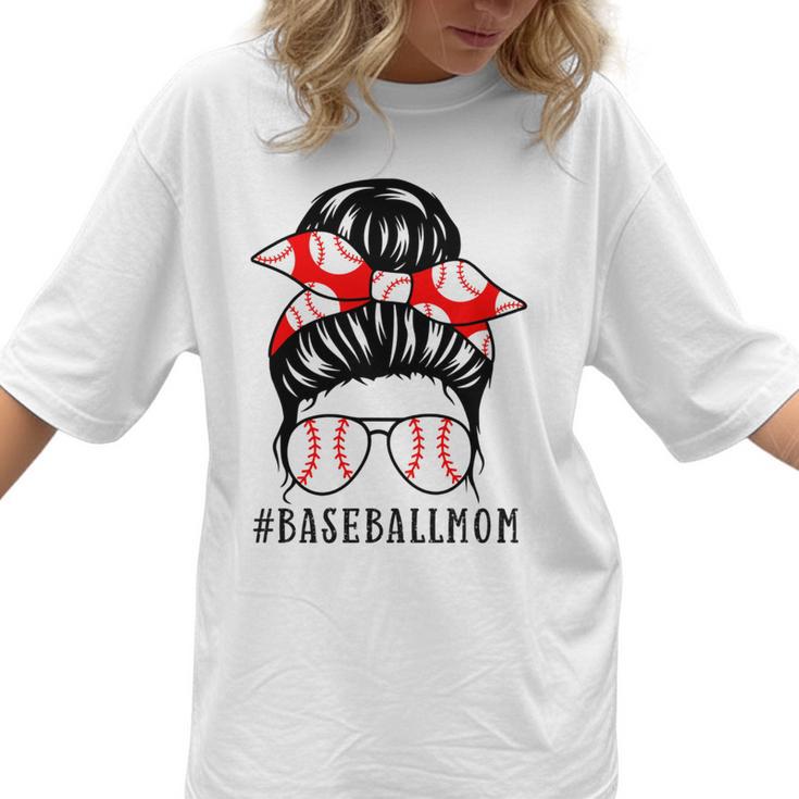 Baseball Mom Leopard Messy Bun Game Day Women T-Shirt 