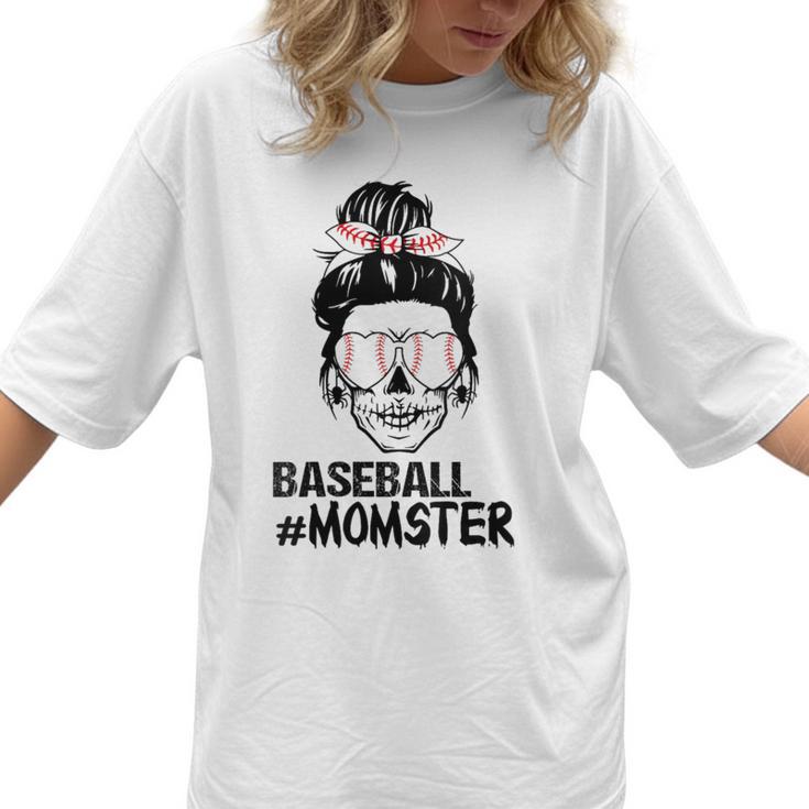 Baseball Momster Messy Bun Skull Mom For Women Halloween Women T-Shirt