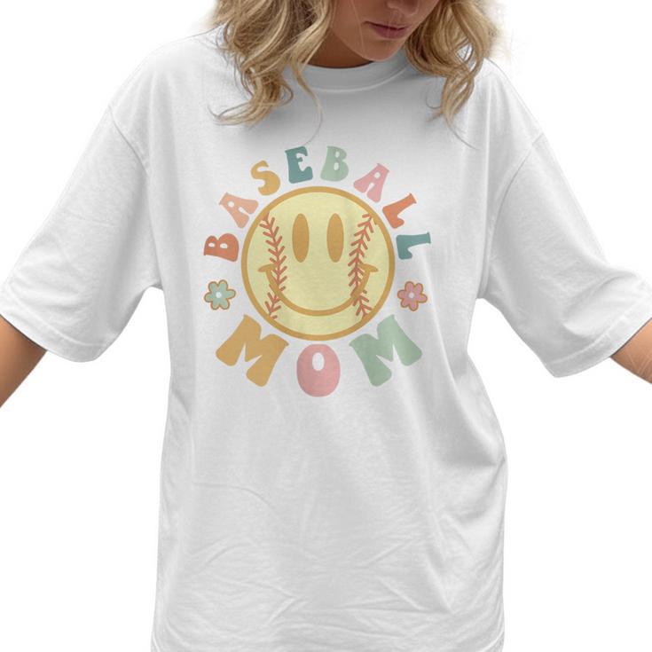 Groovy Retro Floral Happy Smiling Face Baseball Mom Women T-Shirt
