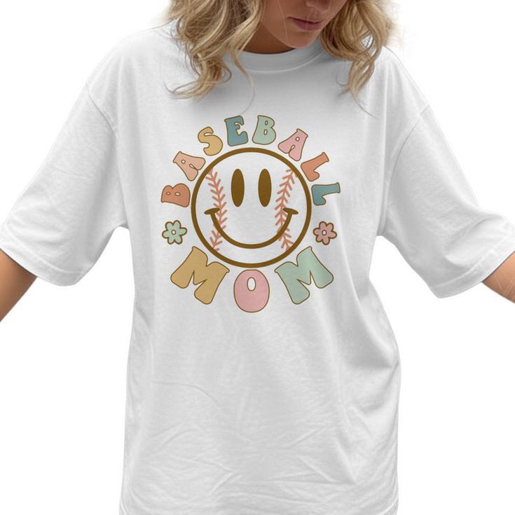 Happy Baseball Mom Groovy Retro Floral Smiling Face Women T-Shirt