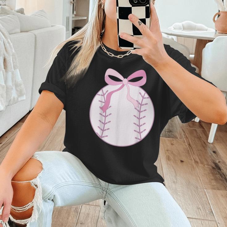 Coquette Baseball Mom Pink Bow Baseball Mama Women T-Shirt