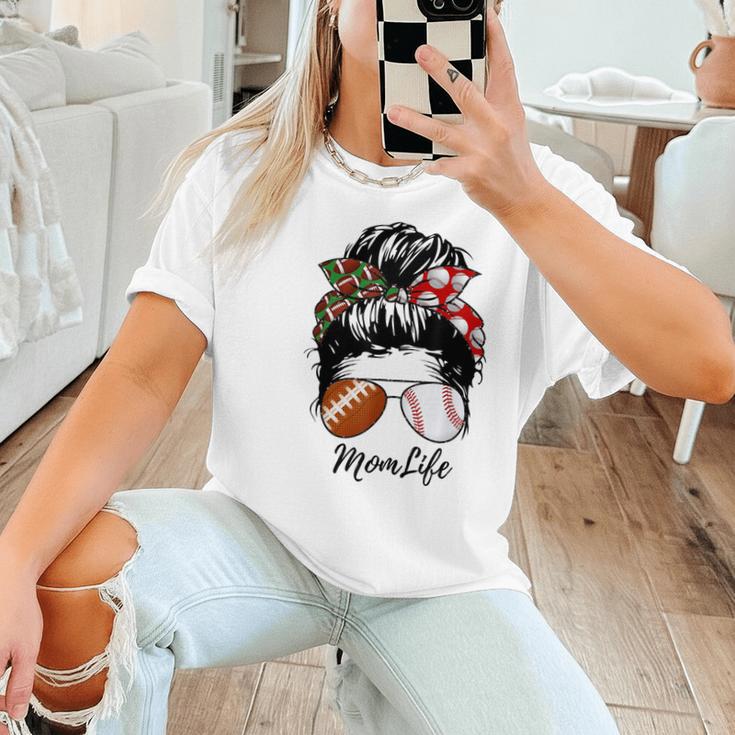 Football Mom Baseball Mom Life Messy Bun Mom Of Both Women T-Shirt Football Mom Baseball Mom Life Messy Bun Mom Of Both Women T-Shirt
