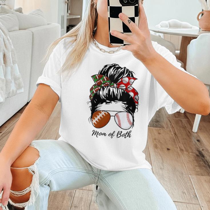 Football Mom Baseball Mom Of Both Messy Bun Mother's Day Women T-Shirt Football Mom Baseball Mom Of Both Messy Bun Mother's Day Women T-Shirt