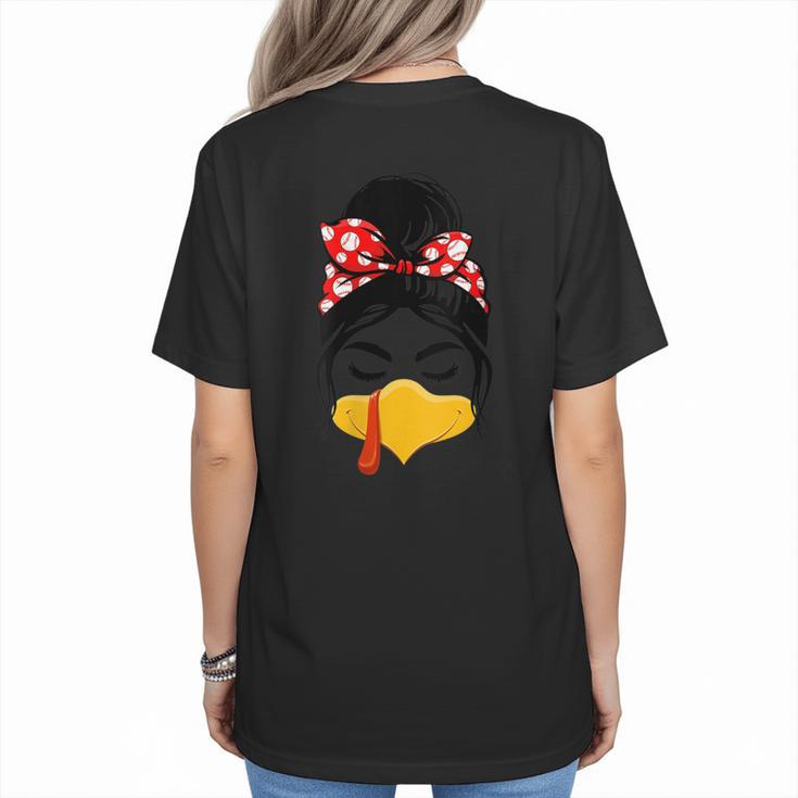 Messy Bun Baseball Mom Turkey Face Matching Thanksgiving Women's T-Shirt Back Print