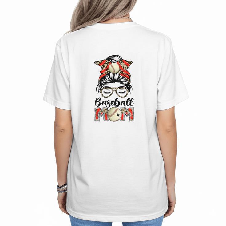 Baseball Mom Game Day Messy Bun Leopard Mother's Day Women's T-Shirt Back Print