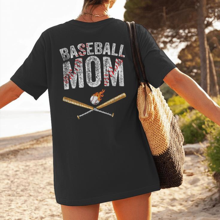 Baseball Mom Crossed Bats With Ball On Fire Distressed Women's T-Shirt Back Print