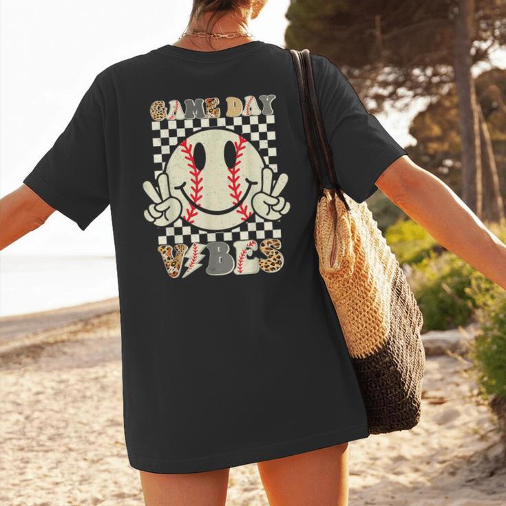 Women Kids Baseball Game Day Vibes Smile Baseball Mom Women's T-Shirt Back Print Women Kids Baseball Game Day Vibes Smile Baseball Mom Women's T-Shirt Back Print