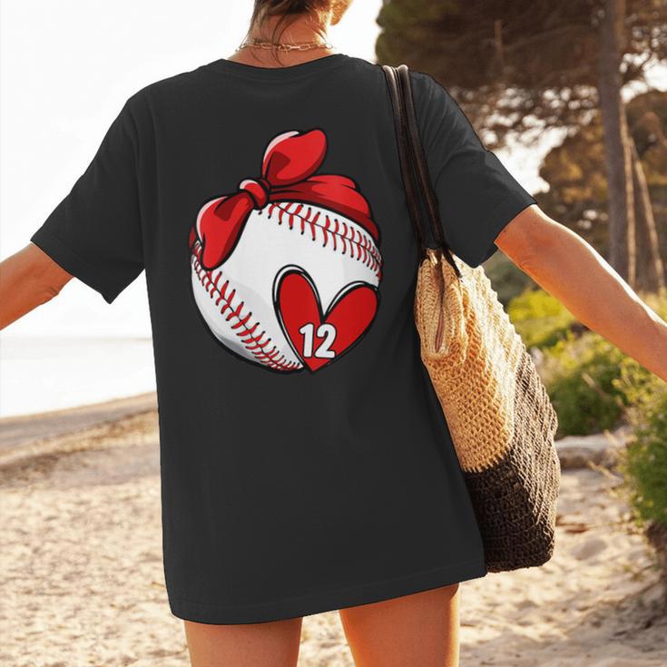 Womens Custom Baseball Mom Number 12 Heart For Mom Mommy Women's T-Shirt Back Print