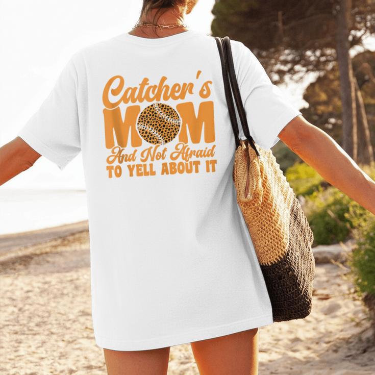 Catcher's Mom And Not Afraid Leopard Baseball Mom Women's T-Shirt Back Print Catcher's Mom And Not Afraid Leopard Baseball Mom Women's T-Shirt Back Print