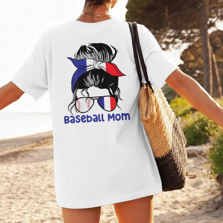 French Baseball Mom France Messy Bun Women's T-Shirt Back Print French Baseball Mom France Messy Bun Women's T-Shirt Back Print