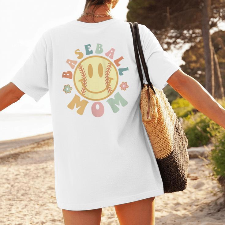 Groovy Retro Floral Happy Smiling Face Baseball Mom Women's T-Shirt Back Print Groovy Retro Floral Happy Smiling Face Baseball Mom Women's T-Shirt Back Print