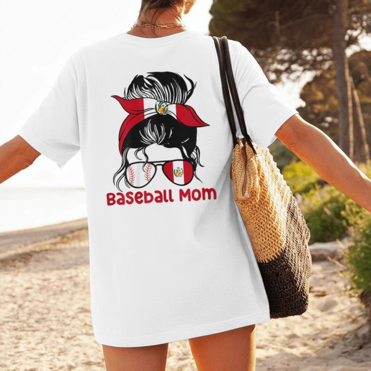 Peru Baseball Mom Messy Bun Women's T-Shirt Back Print Peru Baseball Mom Messy Bun Women's T-Shirt Back Print