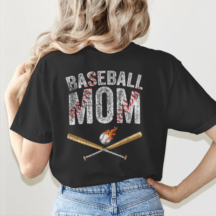 Baseball Mom Crossed Bats With Ball On Fire Distressed Women's T-Shirt Back Print