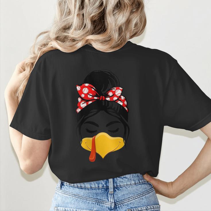 Messy Bun Baseball Mom Turkey Face Matching Thanksgiving Women's T-Shirt Back Print