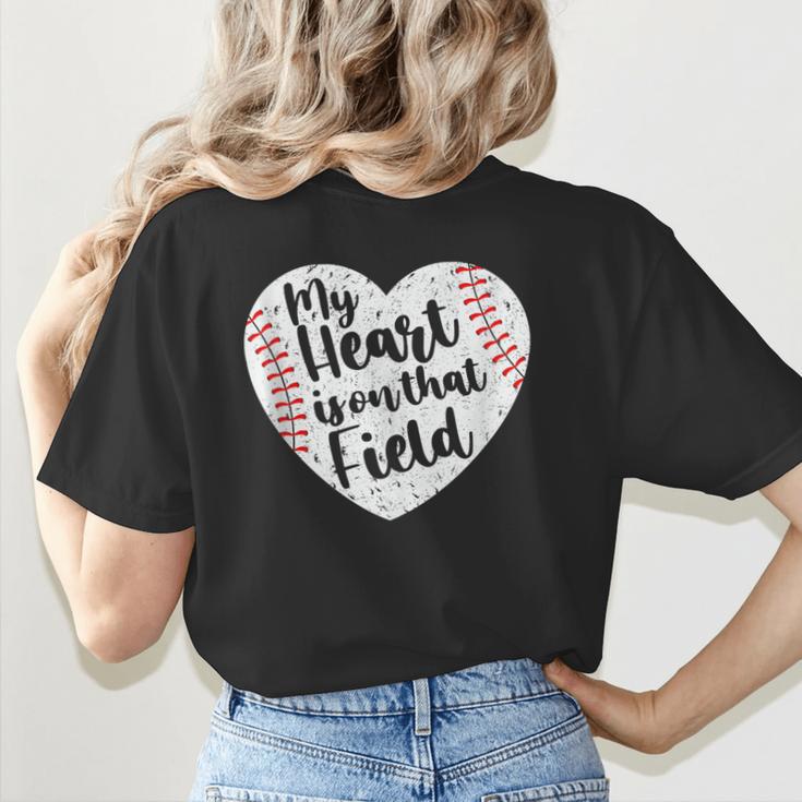Retro My Heart Is On That Field Baseball Mom Mother's Day Women's T-Shirt Back Print