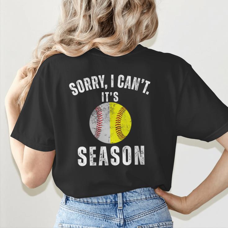 Sorry I Cant It's Season Vintage Softball Baseball Mom Women's T-Shirt Back Print Sorry I Cant It's Season Vintage Softball Baseball Mom Women's T-Shirt Back Print