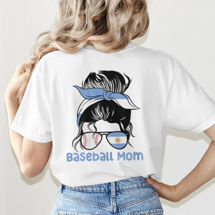 Argentina Baseball Mom Messy Bun Women's T-Shirt Back Print Argentina Baseball Mom Messy Bun Women's T-Shirt Back Print