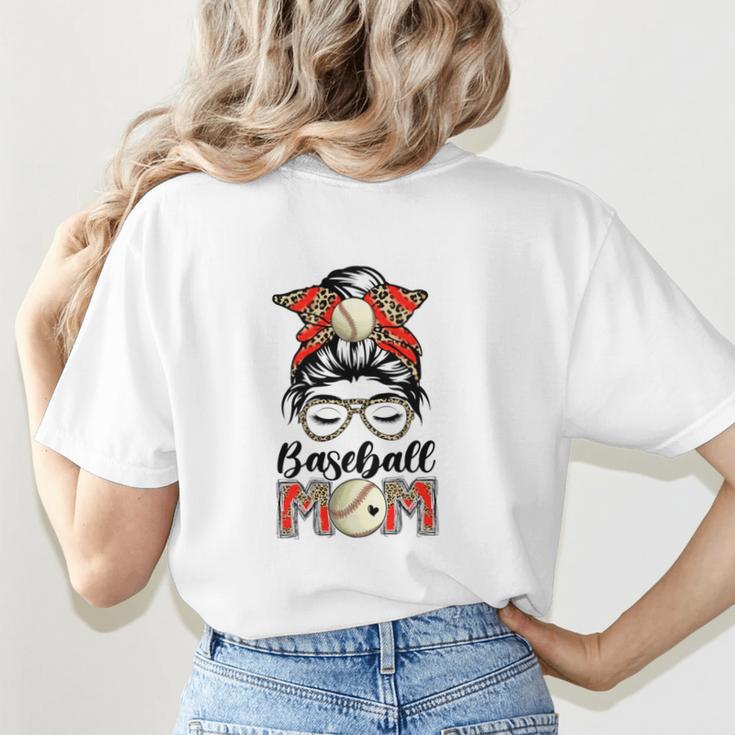 Baseball Mom Game Day Messy Bun Leopard Mother's Day Women's T-Shirt Back Print
