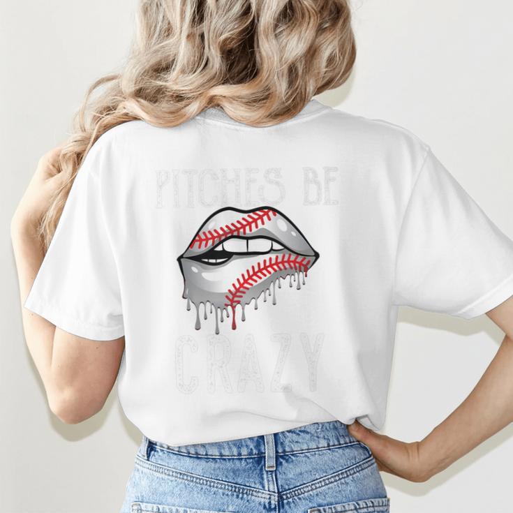 Baseball Mom Pitches Be Crazy Lips Premium Women's T-Shirt Back Print Baseball Mom Pitches Be Crazy Lips Premium Women's T-Shirt Back Print