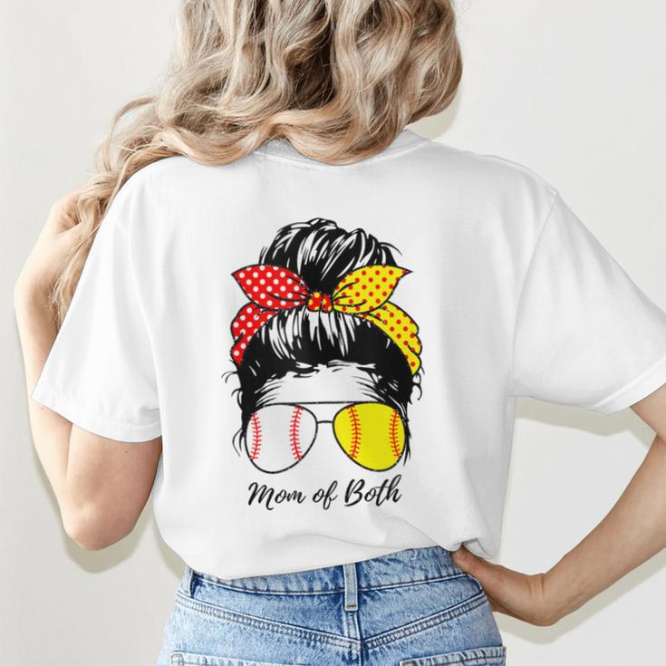 Baseball Mom Softball Mom Of Both Messy Bun Mother's Day Women's T-Shirt Back Print
